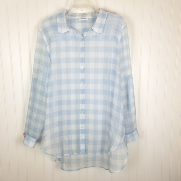 Calvin Klein Women's Long Sleeve Button Top Blouse Sheer Gingham Roll Tab Large - Picture 5 of 7